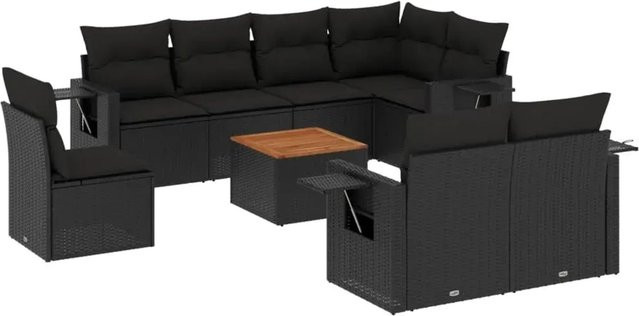 vidaXL 9-teilige Garten-Sofagarnitur in L-Form aus Polyrattan und Akazienholz mit Kissen in Schwarz - Bild 1