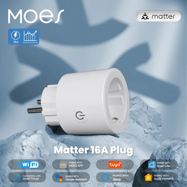 MOES Smart Matter 16A WiFi Steckdose mit Power Monitor, Tuya kompatibel, unterstützt Apple Home, Google Home, Alexa und Smartthings, Farbe: Weiß - Bild 1