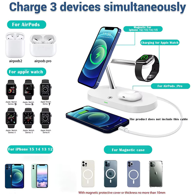 TIMESS 3-in-1 magnetisches kabelloses Ladegerät in Schwarz für iPhone, Apple Watch und AirPods - Bild 2