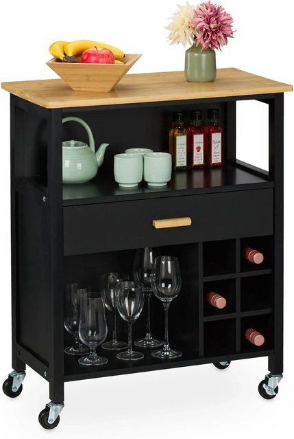 Relaxdays Küchenwagen aus MDF und Bambus in Schwarz mit Weinregal und Schublade, B/T/H: 80 x 65 x 35 cm - Bild 1