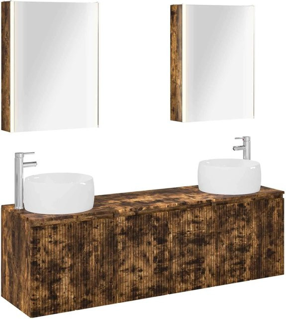 vidaXL Badezimmerschrank-Set 5-teilig aus Holzwerkstoff in Geräucherte Eiche, modern mit LED-Beleuchtung und Spiegelschrank, Braun - Bild 1