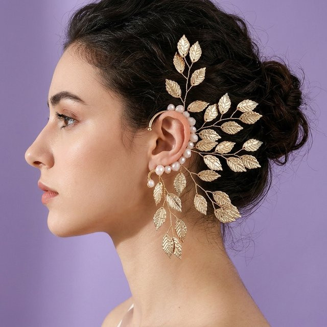 Ohrringe mit Blattmotiv, Gold, Perle, Damen - Bild 1