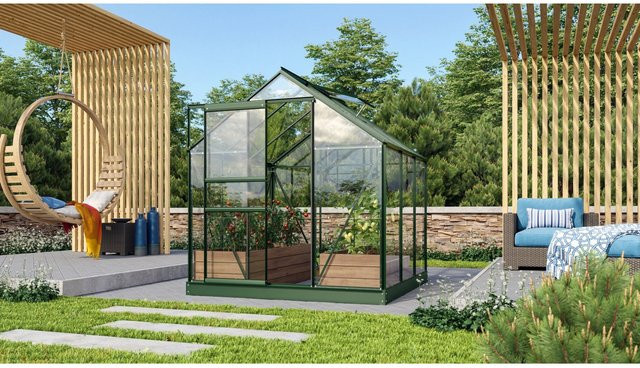 Vitavia Gewächshaus Venus 3800 in Smaragdgrün mit Sicherheitsglas, Aluminiumrahmen, Fundament und Regenrinnen, 3,8 m² - Bild 1