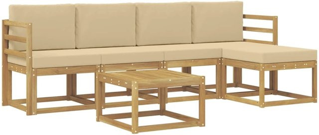 vidaXL Outdoor-Sofagarnitur 6-teilig aus Akazienholz in Weiß und Beige mit Kissen und Ottoman für Garten, Balkon oder Terrasse - Bild 1