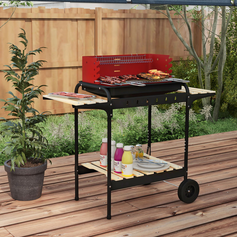 Outsunny Holzkohlegrill BBQ Smoker aus Metall in Rot mit Rädern und Holzablage, B/T/H: 103 x 47 x 95 cm - Bild 2