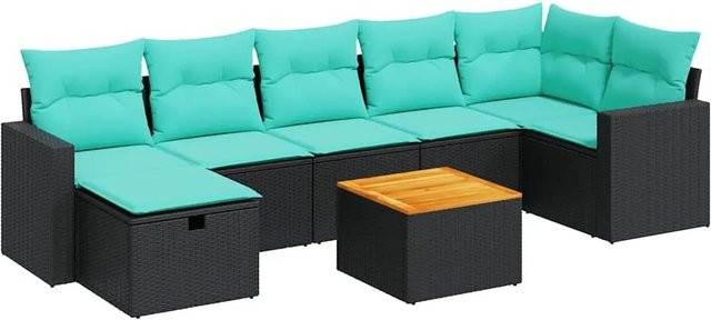 vidaXL 8-teilige Garten-Sofagarnitur in L-Form aus Poly-Rattan und Akazienholz mit Kissen in Schwarz - Bild 1