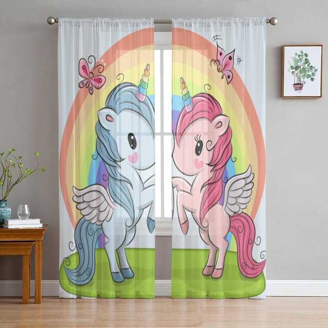 Yiran Furniture Einhorn und Schmetterling Voile Vorhänge für Kinder, Regenbogen Design, Transparent, Mehrfarbig, 2 Stück, Breite: 50 cm, Höhe: 130 cm - Bild 1