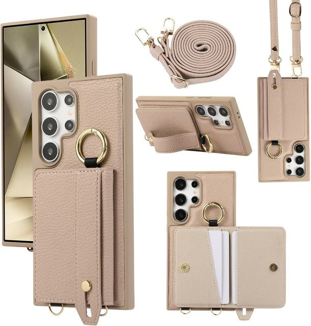 Samsung Umhängetasche mit Kartenhalter und Handyhülle aus Leder in Beige für Galaxy S25 Ultra, S24 FE, S23 und S22 Plus mit Lanyard und Handschlaufe - Bild 1