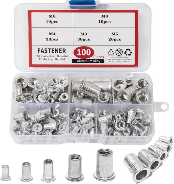 AIMUNOK Aluminium-Nietmuttern Set in Silber, 100 Stück Flachkopf-Nietmuttern als Gewindeeinsatz-Sortiment (M3, M4, M5, M6, M8) - Bild 1