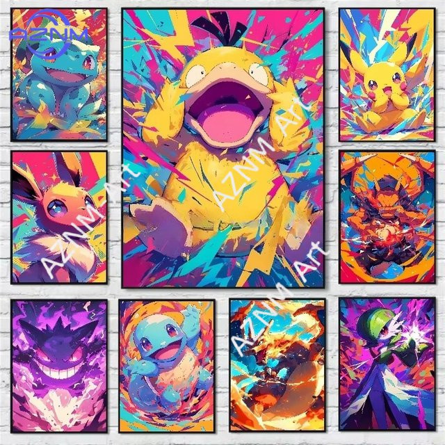 KAYOU Pokemon Leinwandgemälde mit Bulbasaur, Charmander und Squirtle als Aquarell Wandkunst für die Kinderzimmer Dekoration in Mehrfarbig - Bild 1