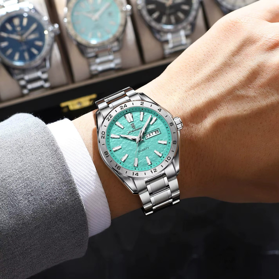 POEDAGAR Armbanduhr Quarz, Edelstahl, Silber, Herren, Datum, Wochentag - Bild 5
