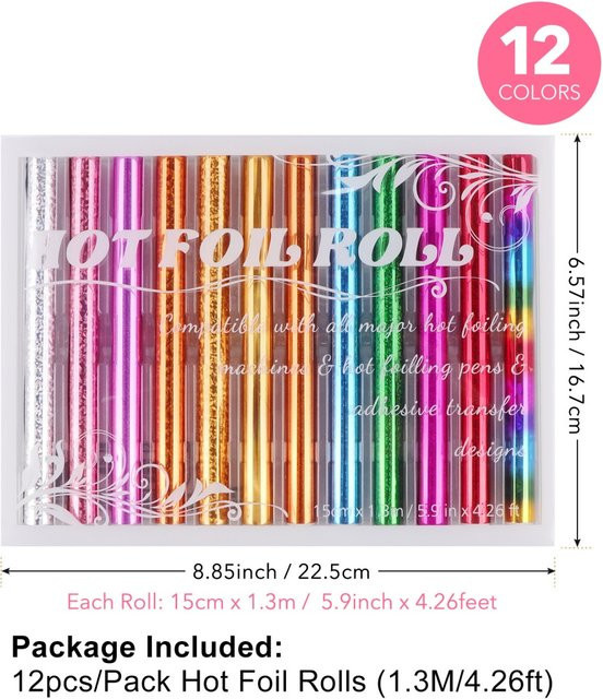 12 Stück Heißfolienrollen in Multicolour, wärmeaktiviertes Thermofolienpapier für DIY Scrapbooking und Heißfolienmaschinensysteme - Bild 1