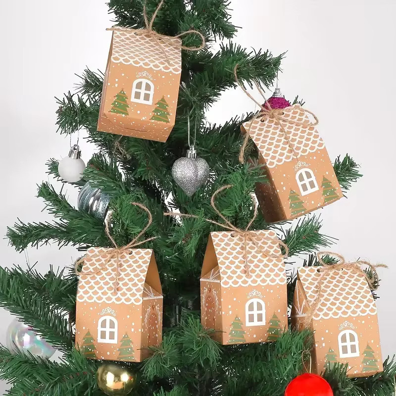 10 Stück Weihnachts Geschenkboxen aus braunem Kraftpapier in Hausform für Süßigkeiten und Kekse - Bild 3