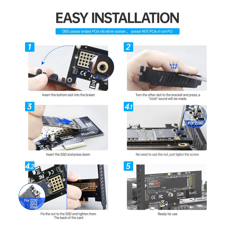 Jeyi M.2 NVMe SSD zu PCIe x1 Adapter Karte, PCIe Gen4 Erweiterungskarte für Desktop PC, Schwarz - Bild 4