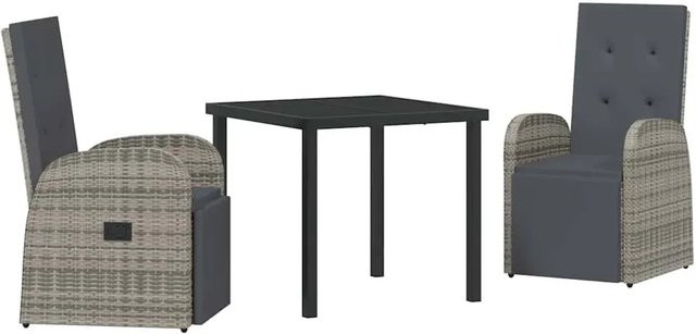 vidaXL Garten Essgruppe 3-teilig aus Poly-Rattan in Grau mit Kissen und Glastisch - Bild 1