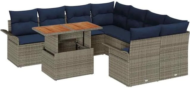 vidaXL Gartensofa-Set aus Poly-Rattan mit 9 Kissen in Grau und Marineblau inklusive Gartentisch und Akazienholz-Elementen - Bild 1