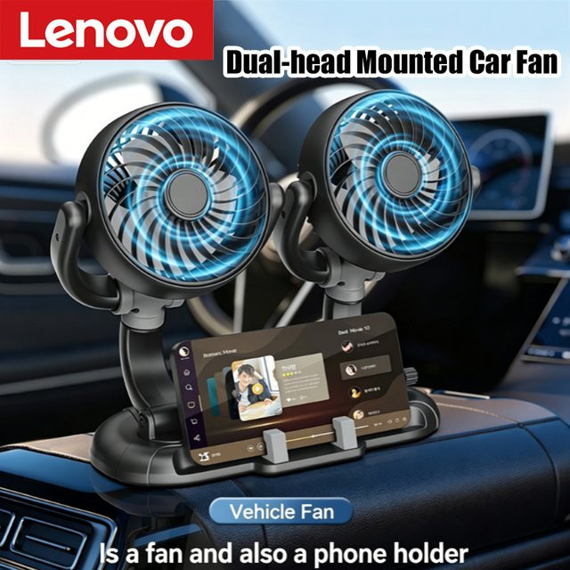 Lenovo Mini-Ventilator für das Auto, 360-Grad drehbarer USB-Elektrolüfter mit Saugnapf, Schwarz - Bild 1