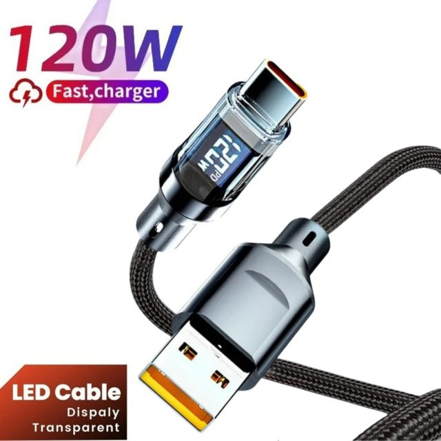 USB C auf Typ C Schnellladekabel 120 W 6 A mit LED-Digitalanzeige und geflochtenem Nylon, PD und QC3.0 kompatibel - Bild 1
