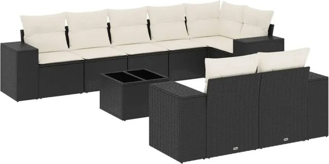 vidaXL 9-teilige Garten-Sofagarnitur in L-Form aus schwarzem Poly-Rattan mit Kissen und pulverbeschichtetem Stahlgestell - Bild 1