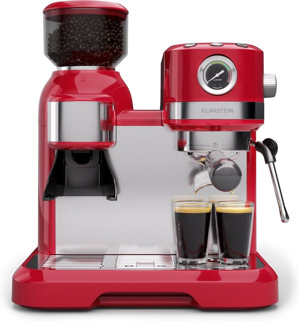 Klarstein Bella Café Espressomaschine im Vintage-Design mit Mahlwerk, 19 bar Druck, Manometer und Milchschaumfunktion, 1150 W, Rot - Bild 1