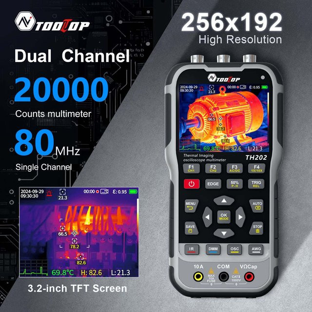 TOOLTOP 2-Kanal-Digitaloszilloskop mit 80MHz, 256x192 Wärmebildkamera und 20.000 True-RMS-Multimeter für die industrielle Rohrleitungsinspektion - Bild 1
