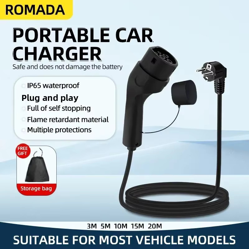 ROMADA Tragbares EV-Ladegerät Typ2 mit 3m bis 20m Kabel, 3,5 kW 16 A, Schwarz, Wallbox-Adapter für Elektrofahrzeuge - Bild 3