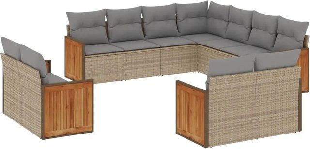 vidaXL 11-tlg Garten-Sofagarnitur in L-Form aus Polyrattan mit Kissen und Stauraum, Beige - Bild 1