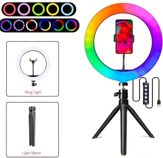 Dimmbares RGB-Ringlicht in Schwarz mit Stativständer und Telefonhalter für Make-up, Fotografie und Videoaufnahmen - Bild 1