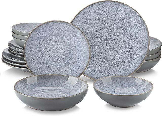vancasso Geschirrset aus geprägtem Steinzeug in Grau, 16-teiliges oder 32-teiliges Dinner-Set mit Tellern, Schüsseln und Bechern für 4, 8 oder 12 Personen - Bild 1