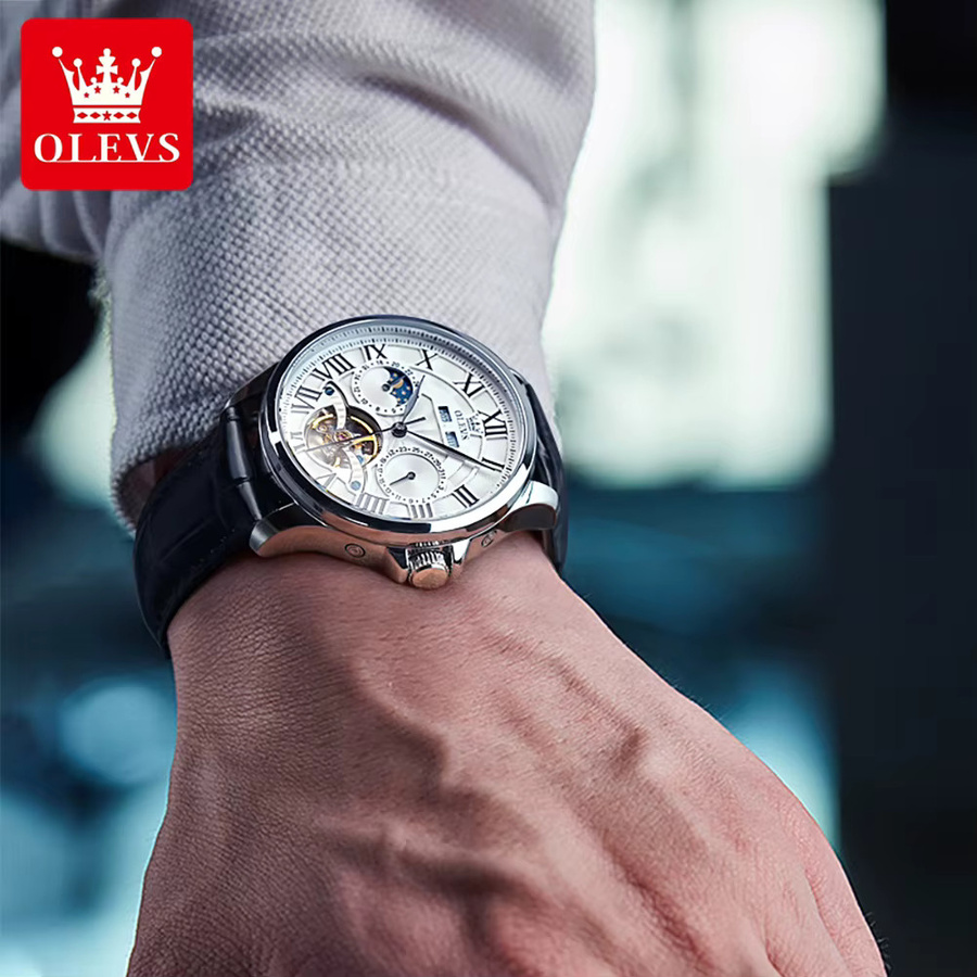 OLEVS Armbanduhr, Automatik, Edelstahl, Leder, Mondphase, Herren - Bild 5