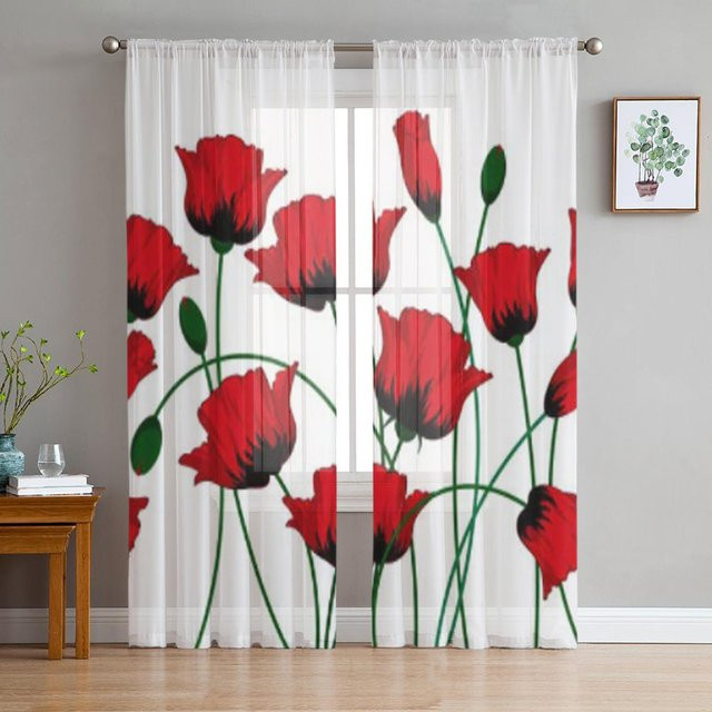 A Family Of Home Textiles Transparente Tüllvorhänge mit rotem Mohnblumen-Blumenmuster für Wohnzimmer und Schlafzimmer, Breite: 135 cm, Höhe: 114 cm - Bild 1