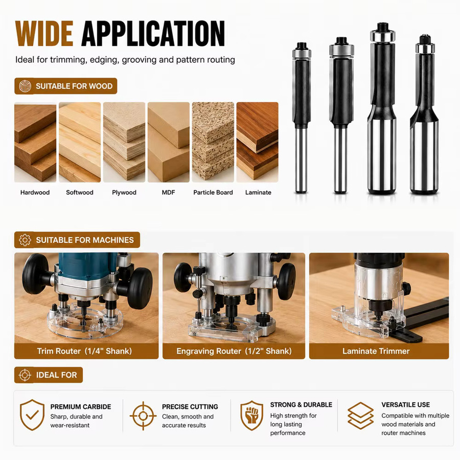 JGZUI Schaftfräser Set mit Lagerführung für Holzbearbeitung und Kantenbearbeitung, Farbe: Silber - Bild 4