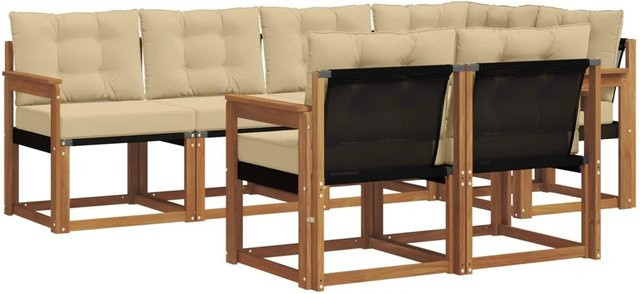 vidaXL Outdoor-Sofagarnitur 7-teilig aus Akazienholz und Textilene in Natur und Beige mit Kissen und L-Form - Bild 1