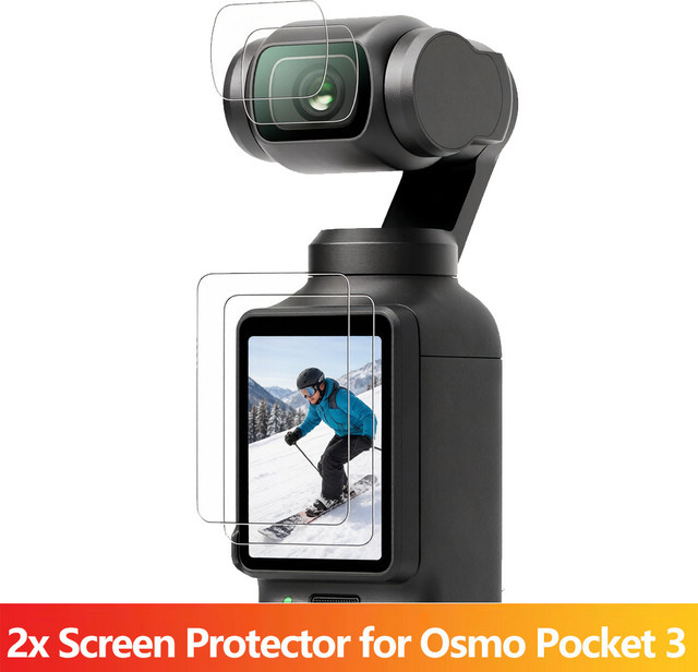 EXSKOF 2er-Pack Displayschutzfolie aus gehärtetem Glas für DJI Osmo Pocket 3 inklusive Objektivschutz und Reinigungsset, transparent - Bild 1