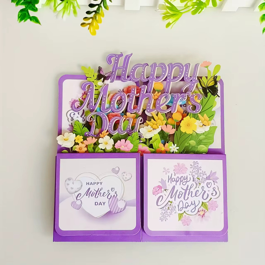 3D-Popup-Grußkarte zum Muttertag in Lila mit Blumenmuster und Umschlag - Bild 2