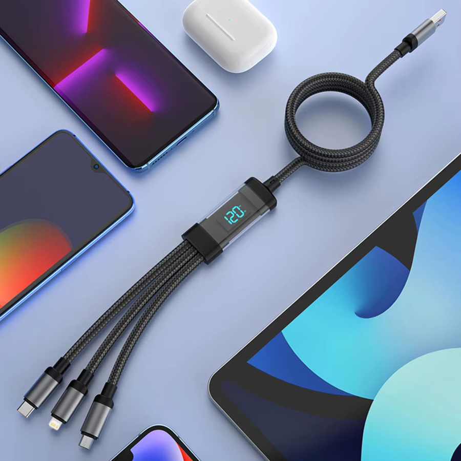 Byscoon 3-in-1 USB-Ladekabel mit digitalem Display, 120 W Schnellladefunktion, Micro-USB und USB-C, Schwarz - Bild 4
