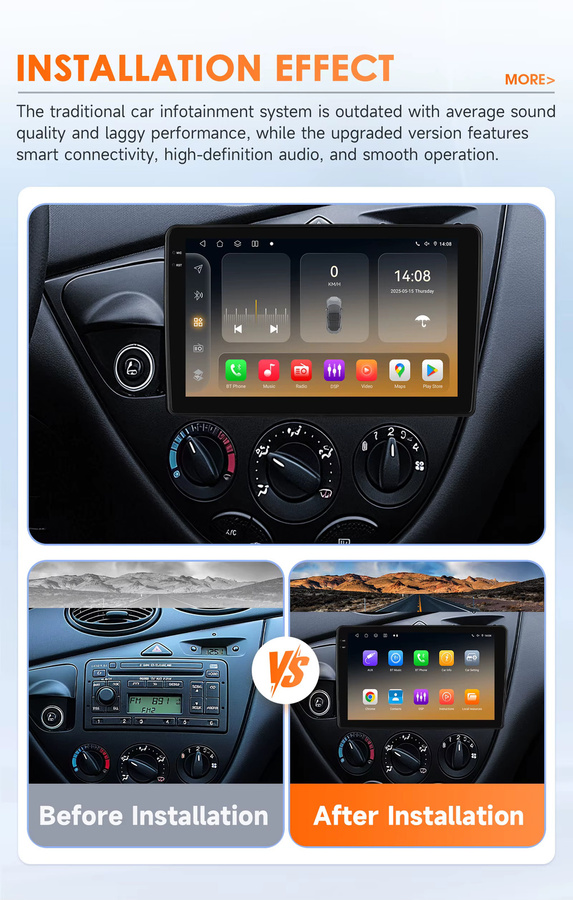 Hizpo Android 14 Intelligentes Autoradio für Ford Fiesta 1995–2001 und Focus MK1 mit Qualcomm Snapdragon 6115, 8-Core, CarPlay, 4G, Bluetooth 5.4 und GPS, Schwarz - Bild 2