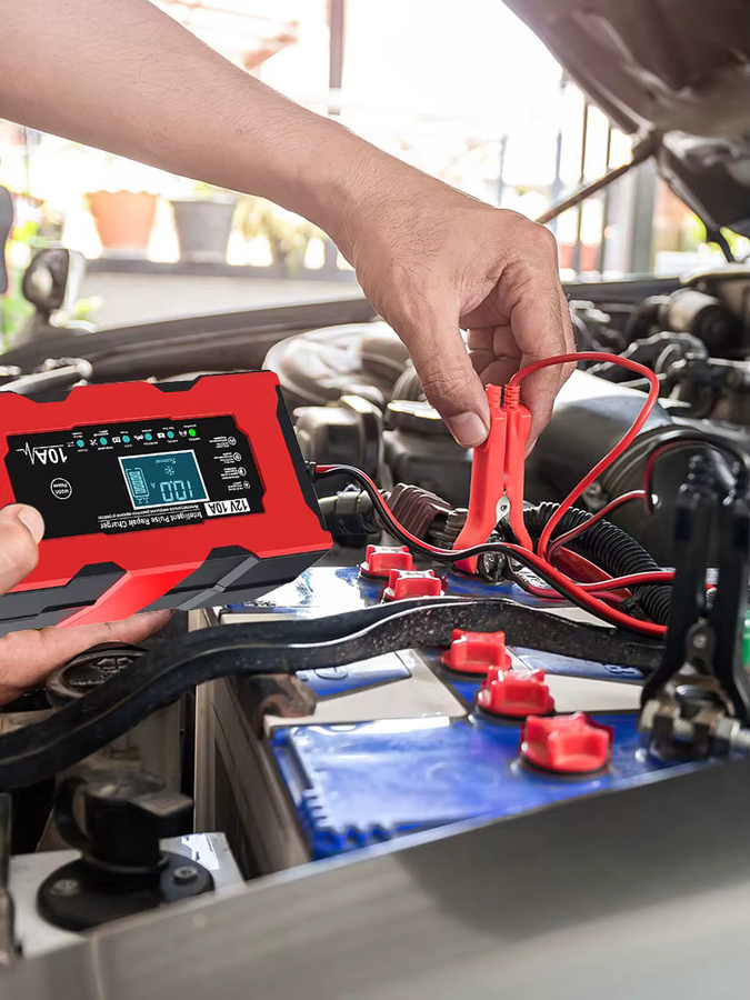 Intelligentes Autobatterieladegerät mit LCD-Display und Pulsreparatur Funktion, 12 V, 10 A, für Eisen-Lithium-Batterien, Farbe: Rot - Bild 7