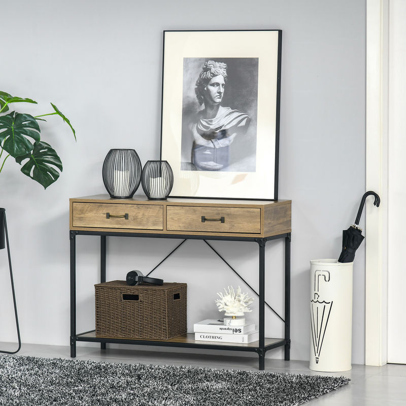 HOMCOM Beistelltisch Konsolentisch im Industrie-Design mit 2 Schubladen und Unterregal, Braun Schwarz, B/T/H: 100 x 35 x 76,5 cm - Bild 2