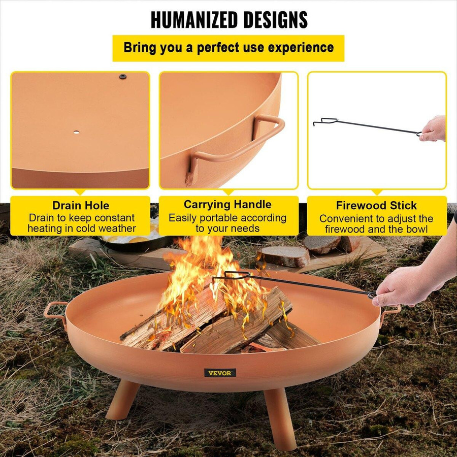Buying Solutions MB Feuerschale aus Kohlenstoffstahl in Braun mit Abflussloch und tragbaren Griffen für Holzfeuer im Außenbereich - Bild 5