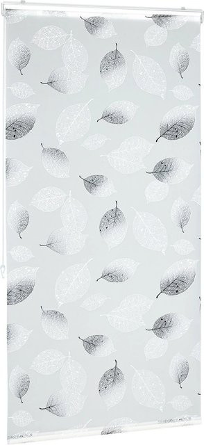 Relaxdays Duschrollo aus Kunststoff mit floralem Blätter-Design, transparent, schwarz und weiß, B: 80 cm, H: 240 cm - Bild 1