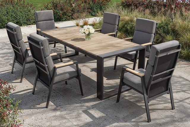 OUTFLEXX Evora Garten-Essgruppe aus Alu und Teakholz in Anthrazit/Natur mit Tisch und 7 Stühlen, B/T: 240 x 100 cm - Bild 1