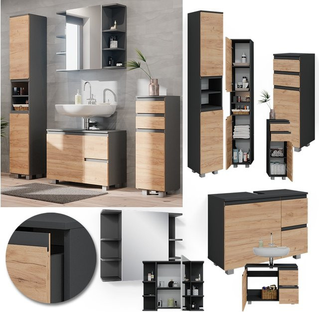 Vicco Badmöbelset J-Shape in Anthrazit und Eiche, modernes 4-teiliges Badezimmer-Set mit Spiegelschrank, Waschtischunterschrank, Midischrank und Hochschrank - Bild 1
