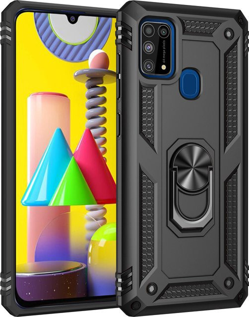 Stoßfeste Panzer-Handyhülle mit Metallringhalterung für Samsung Galaxy M31S M30S M21 M31 M51 M02 A01 M01 Core in Schwarz - Bild 1