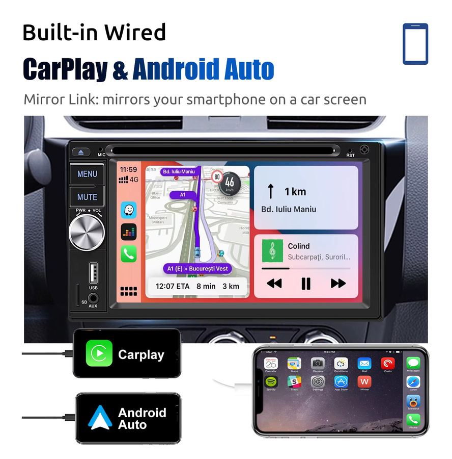 ESSGOO Autoradio mit 6.2 Zoll 2 DIN Touchscreen, Apple CarPlay, Android Auto, Bluetooth, CD/DVD, USB und FM/RDS in Schwarz - Bild 3