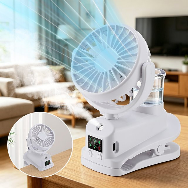 AFDEAL USB-Tischventilator mit Clip-On-Design, 4 Geschwindigkeitsstufen, LED-Digitalanzeige und Nebelfunktion in Weiß - Bild 1