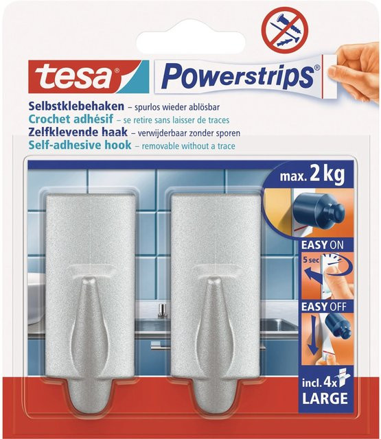 tesa Selbstklebehaken eckig in Chrom matt mit 4 Powerstrips Large, 2 Stück - Bild 1
