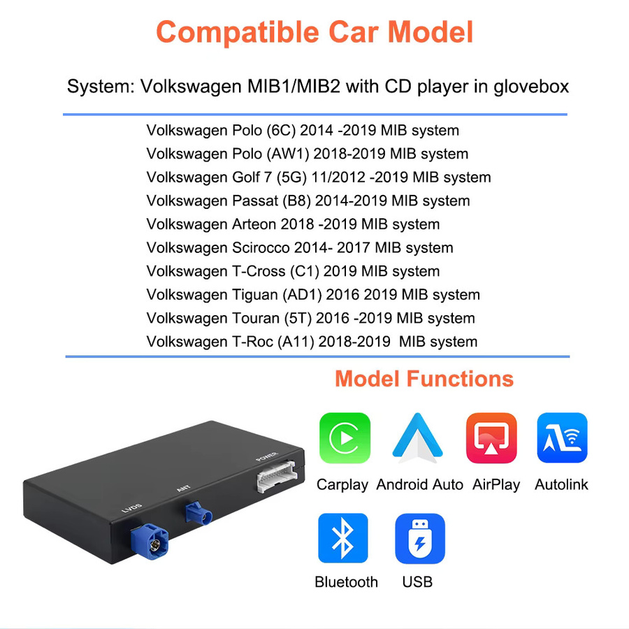 Bonroad Kabelloses CarPlay und Android Auto Modul mit Airplay und AutoLink Mirror für VW Volkswagen MIB MIB2 Golf 7 Polo Passat B8 Tiguan in Schwarz - Bild 2