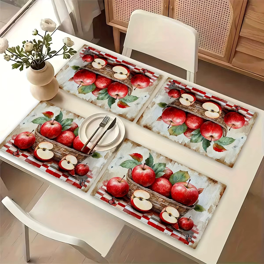VIKAMA 4er-Pack Tischsets mit rotem Apfel-Aquarell-Design, waschbar und rutschfest, rechteckig - Bild 4