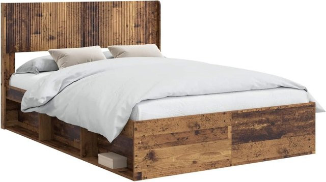 vidaXL Bettgestell mit Kopfteil und Stauraum in Altholz-Optik, Farbe: Braun, B/T/H: 140 x 193 x 141,5 cm - Bild 1